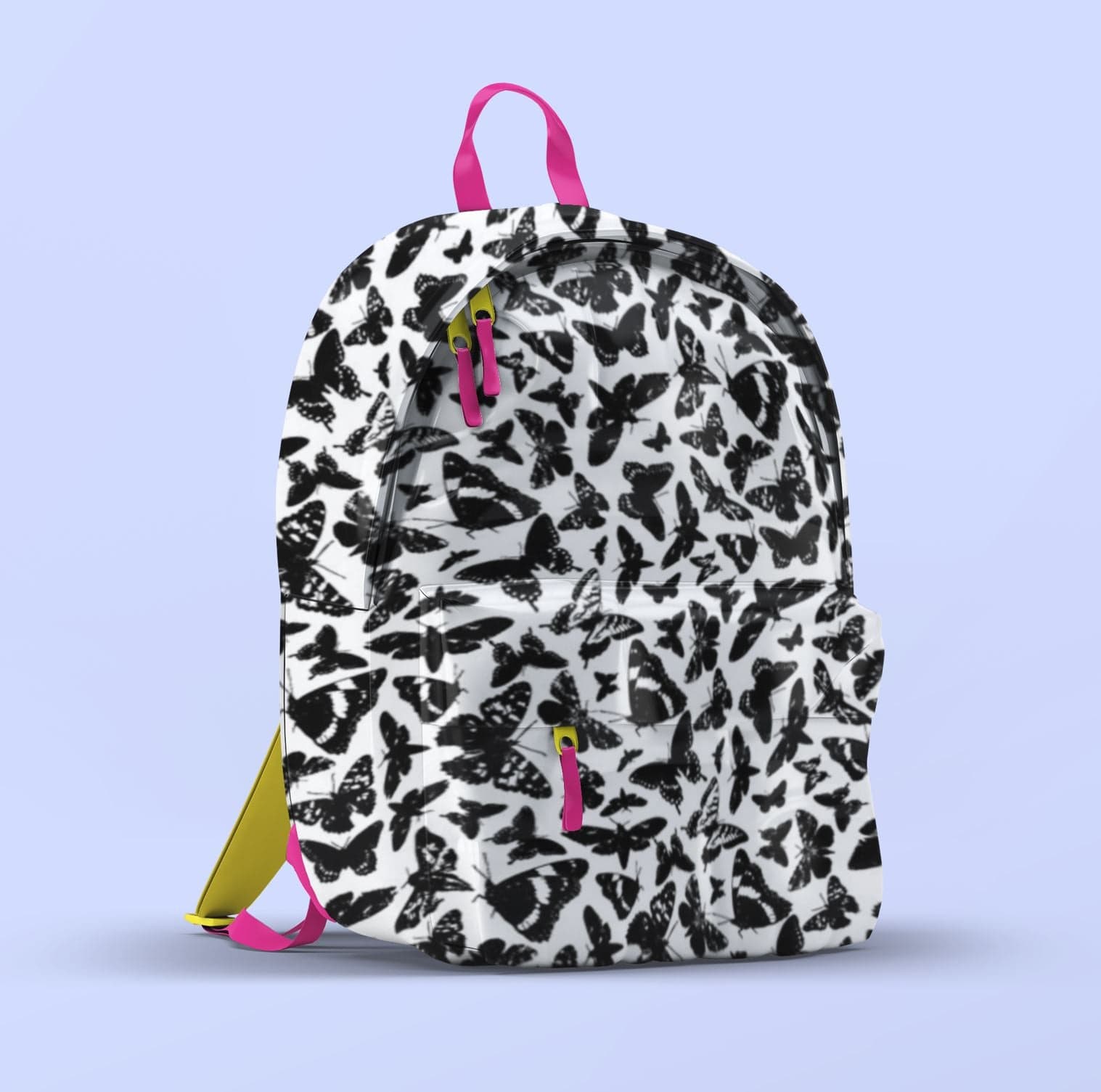 butterfly backpack bag for surface pattern design licensing, black and white and yellow and hot pink
