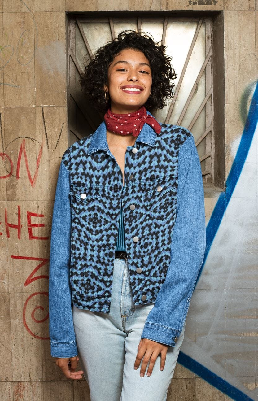 butterfly jean jacket for surface pattern design licensing, microscopic art, blue morpho