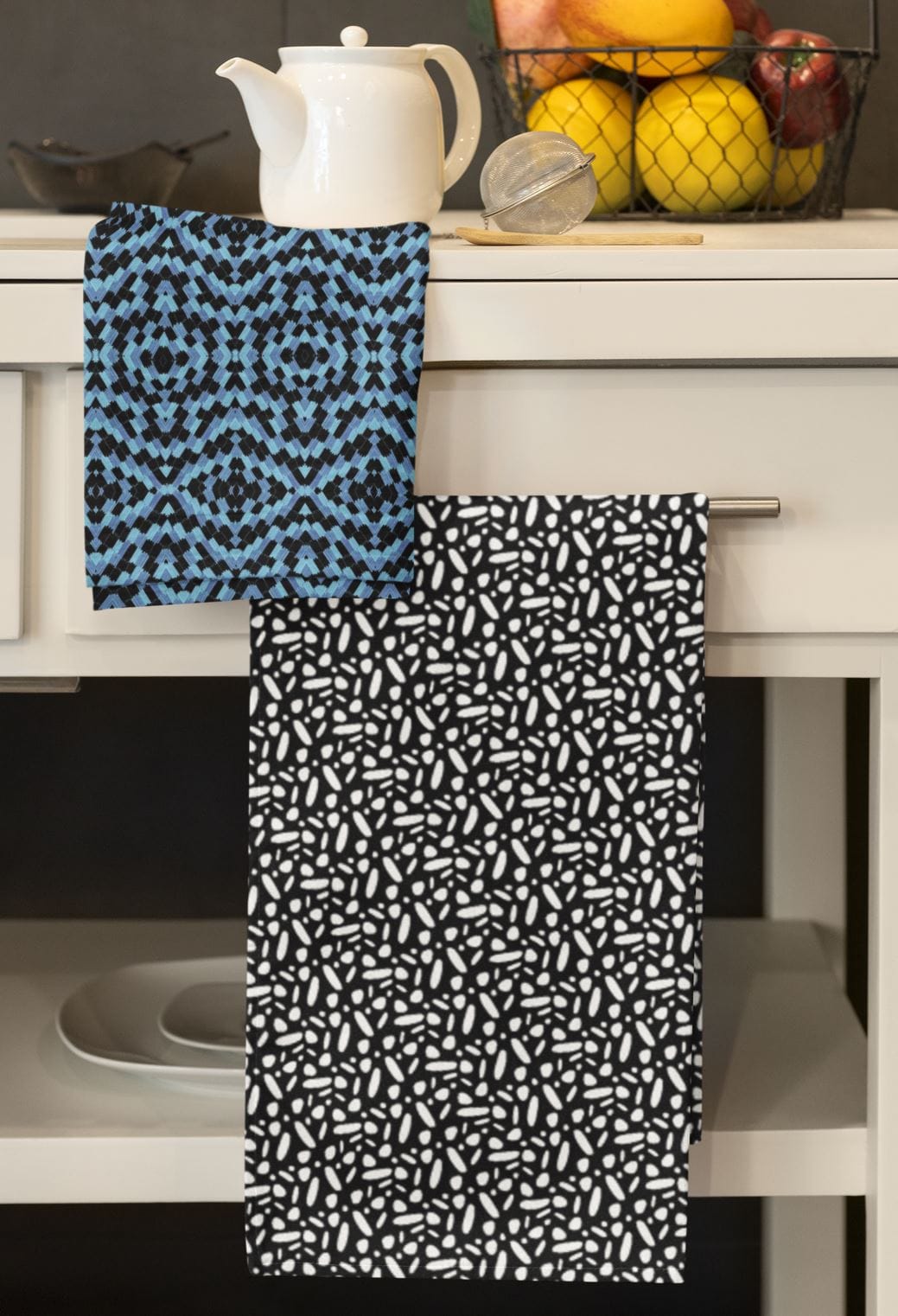 butterfly kitchen towels for surface pattern design licensing, microscopic art, blue morpho