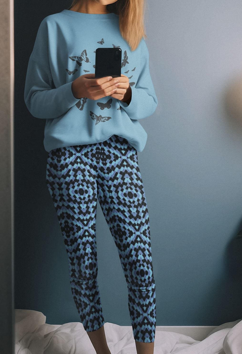 blue morpho butterfly leggings and sweatshirt for surface pattern design licensing, microscopic art