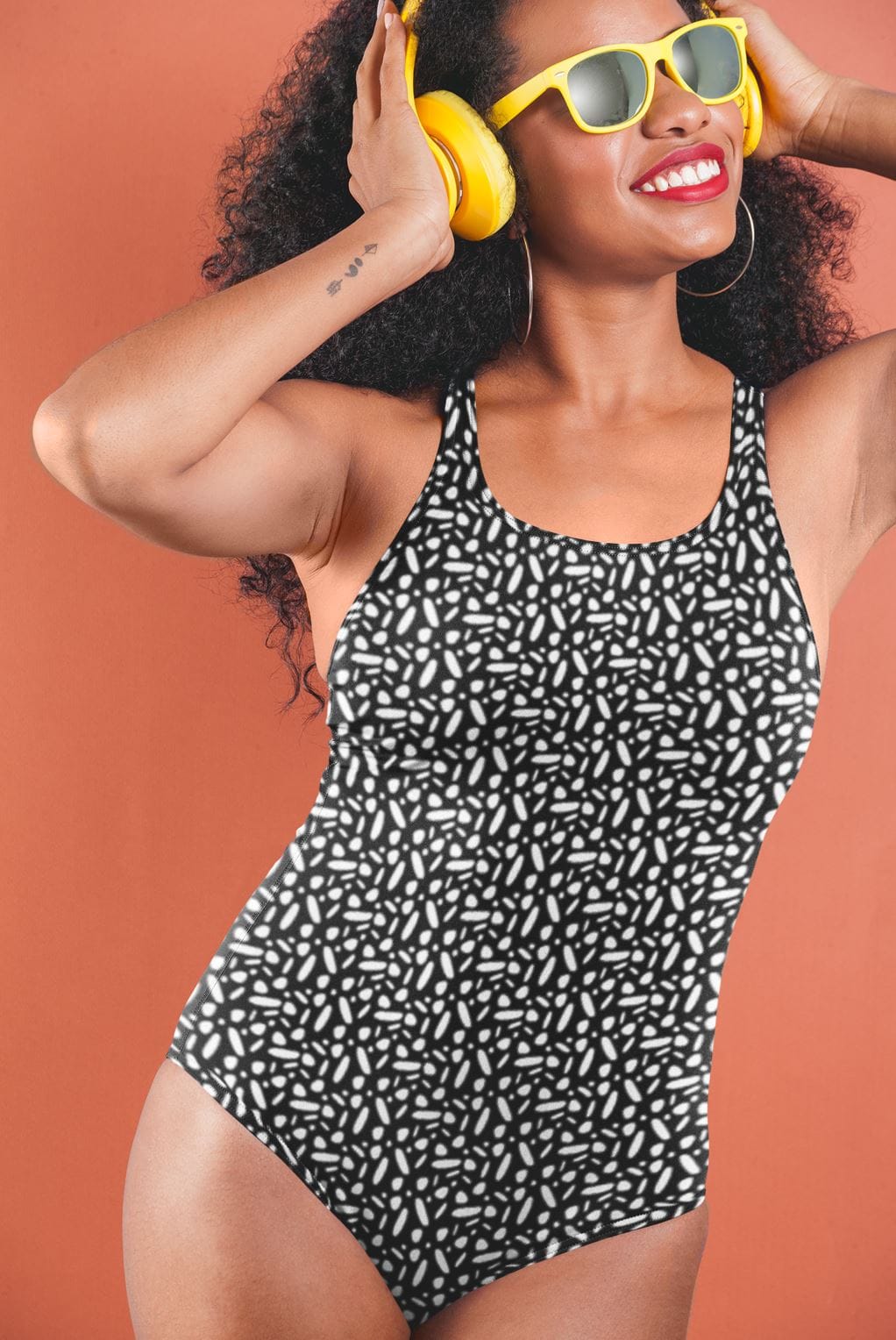 butterfly swim suit for surface pattern design licensing, black and white, polka dot