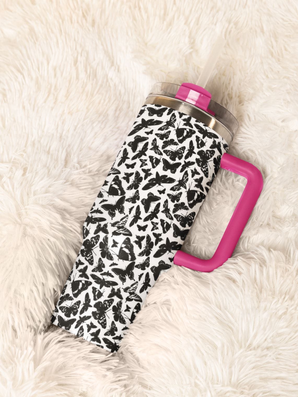 butterfly tumbler for surface pattern design licensing, black and white and hot pink