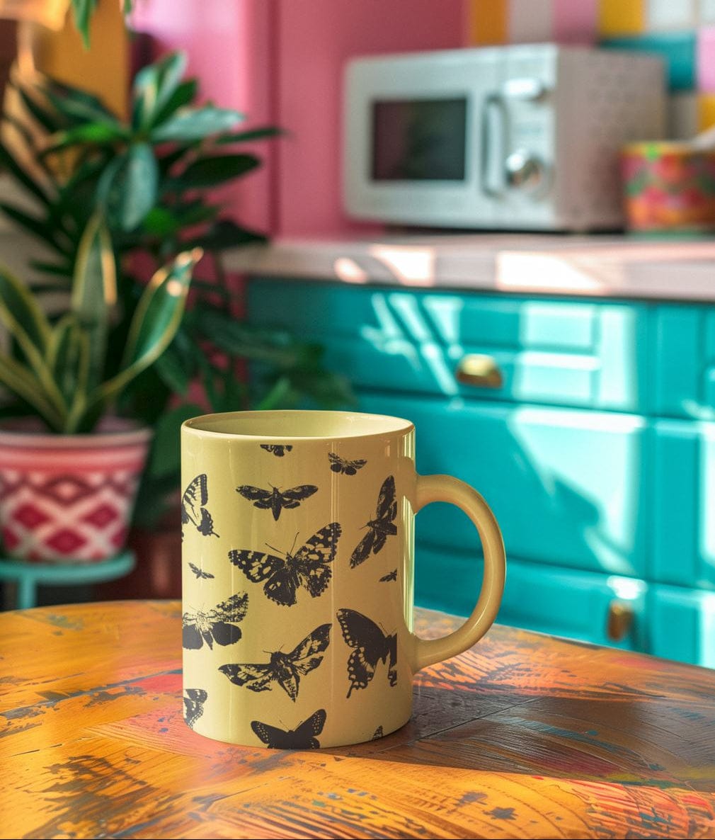 butterfly coffee mug for surface pattern design licensing, microscopic art, yellow